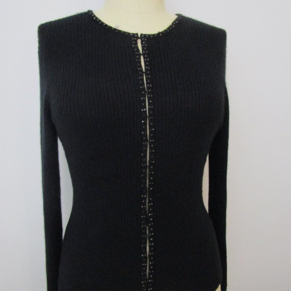 Black CASHMERE Cardigan Cardy Sweater Ribbed Rhinestones